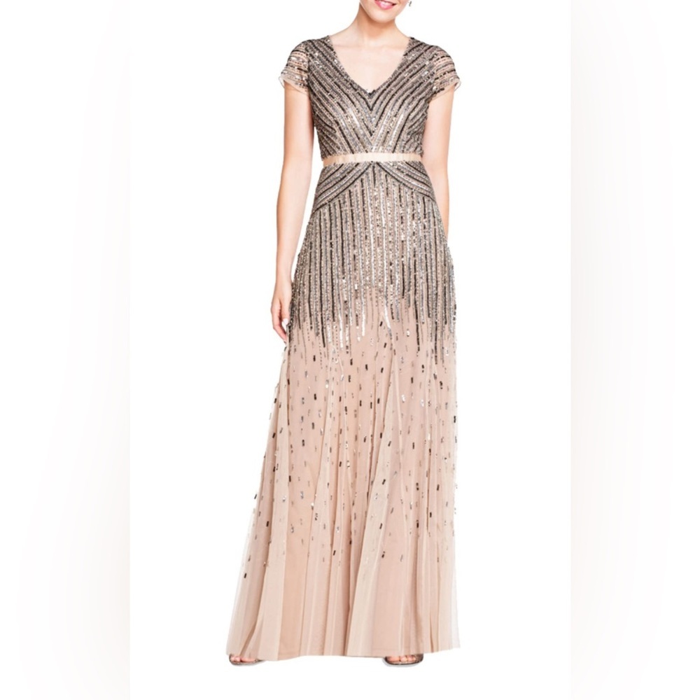 Adrianna Papell Women's Long Beaded Sequins Dress Size 8 Blush Pink AUTHENTIC